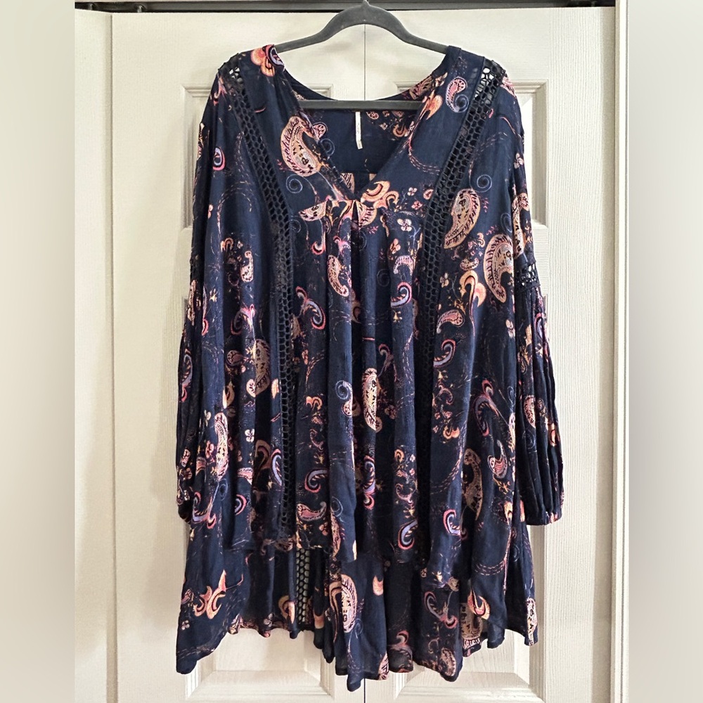 Free People Tunic Womens S Blue Paisley Just The Two Of Us baby doll shirt Flowy